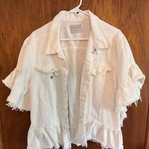 Frayed white shirt sleeve jean jacket